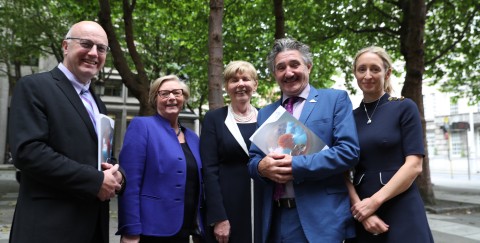 Pictured at the launch of Science Foundation Ireland’s annual report in Dublin today (left to right): Professor Mark Ferguson, Director General of Science Foundation Ireland and Chief Scientific Adviser to the Government of Ireland, with Tánaiste and Minister for Enterprise and Innovation, Frances Fitzgerald TD, Science Foundation Ireland Chairman, Ann Riordan, Minister of State for Training, Skills, Innovation, Research and Development, John Halligan TD and Dr Ruth Freeman, Director of Strategy and Communications for Science Foundation Ireland. Image: Jason Clarke.