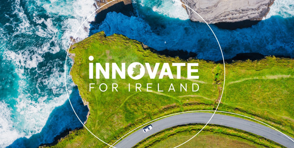 The Innovate for Ireland Programme logo set against the background of an arial photograph of the Irish coastline.