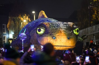 An image of a parade, featuring Alf, a 20m x 5m giant puppet of a Smooth Newt.