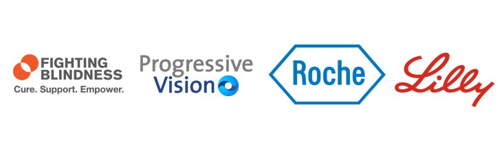 The logos of Fighting Blindness, Progressive Vision, Roche and Lilly. 