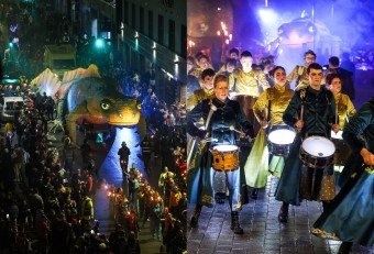 Two images of parades featuring Alf, a 20m x 5m giant puppet of a Smooth Newt.